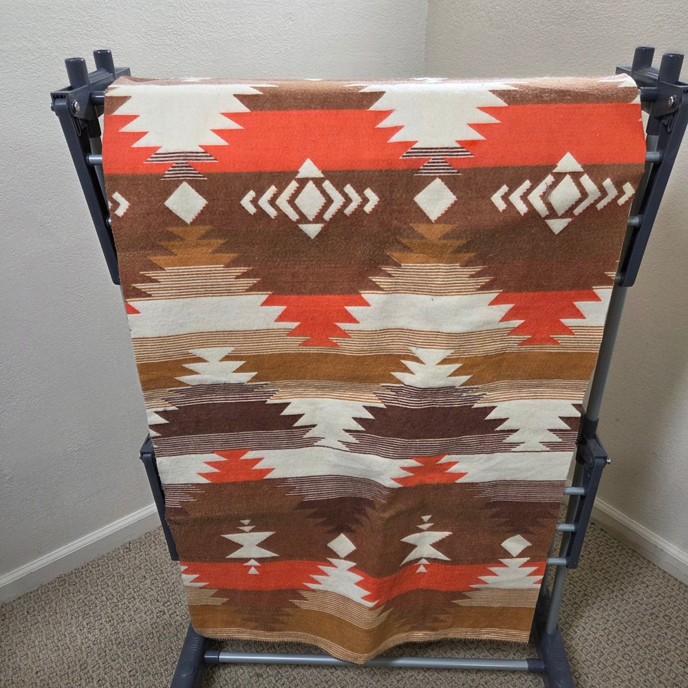 Vintage Southwestern Wool Fabric Remnant 88x25 Brown Orange Geometric Tribal